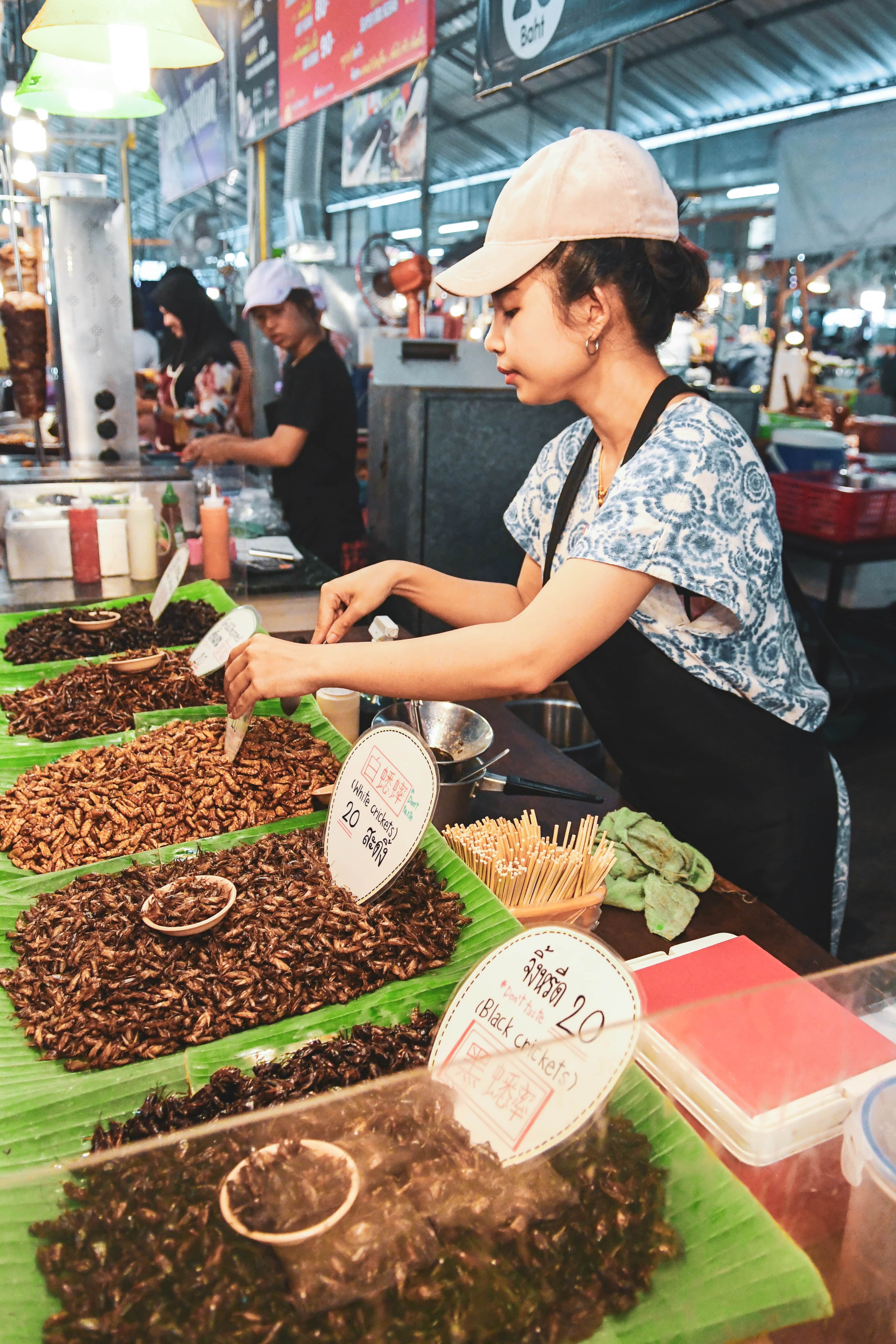 Woman tending to her fried insects delicacy