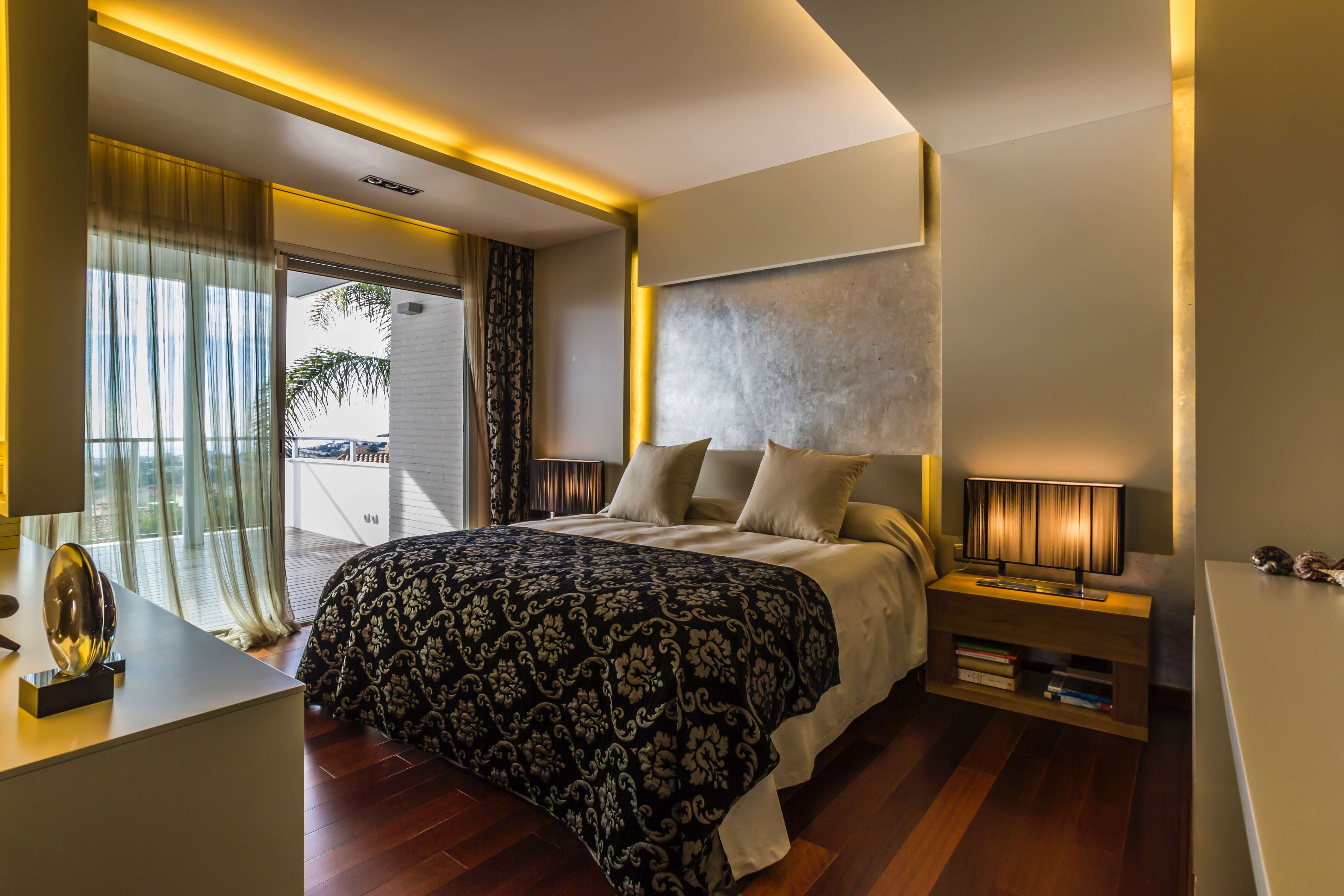 Cozy hotel bedroom with warm lighting