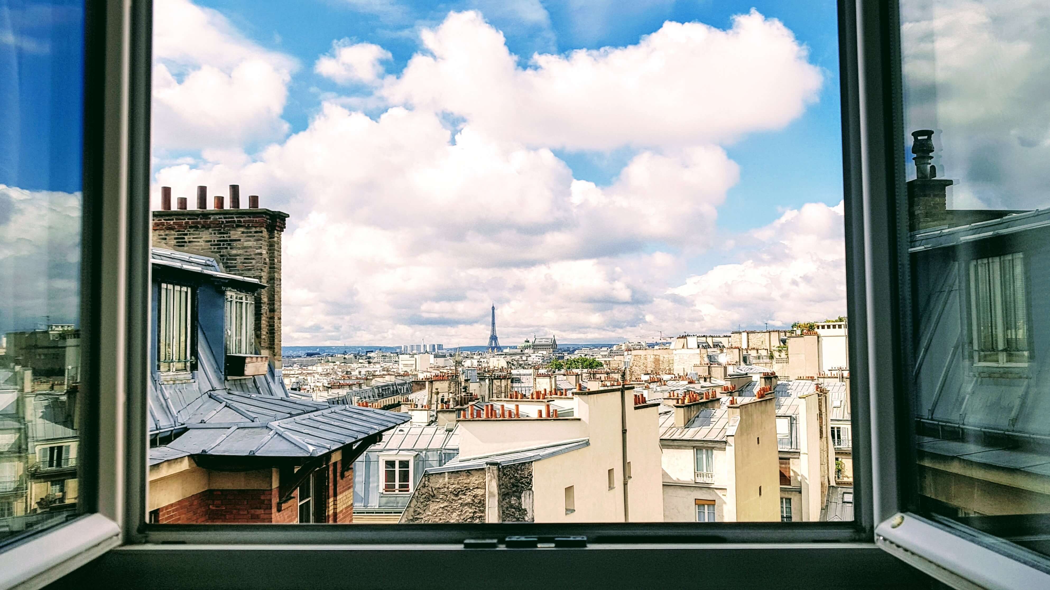 View of Eiffel Tower in a distance from hotel room